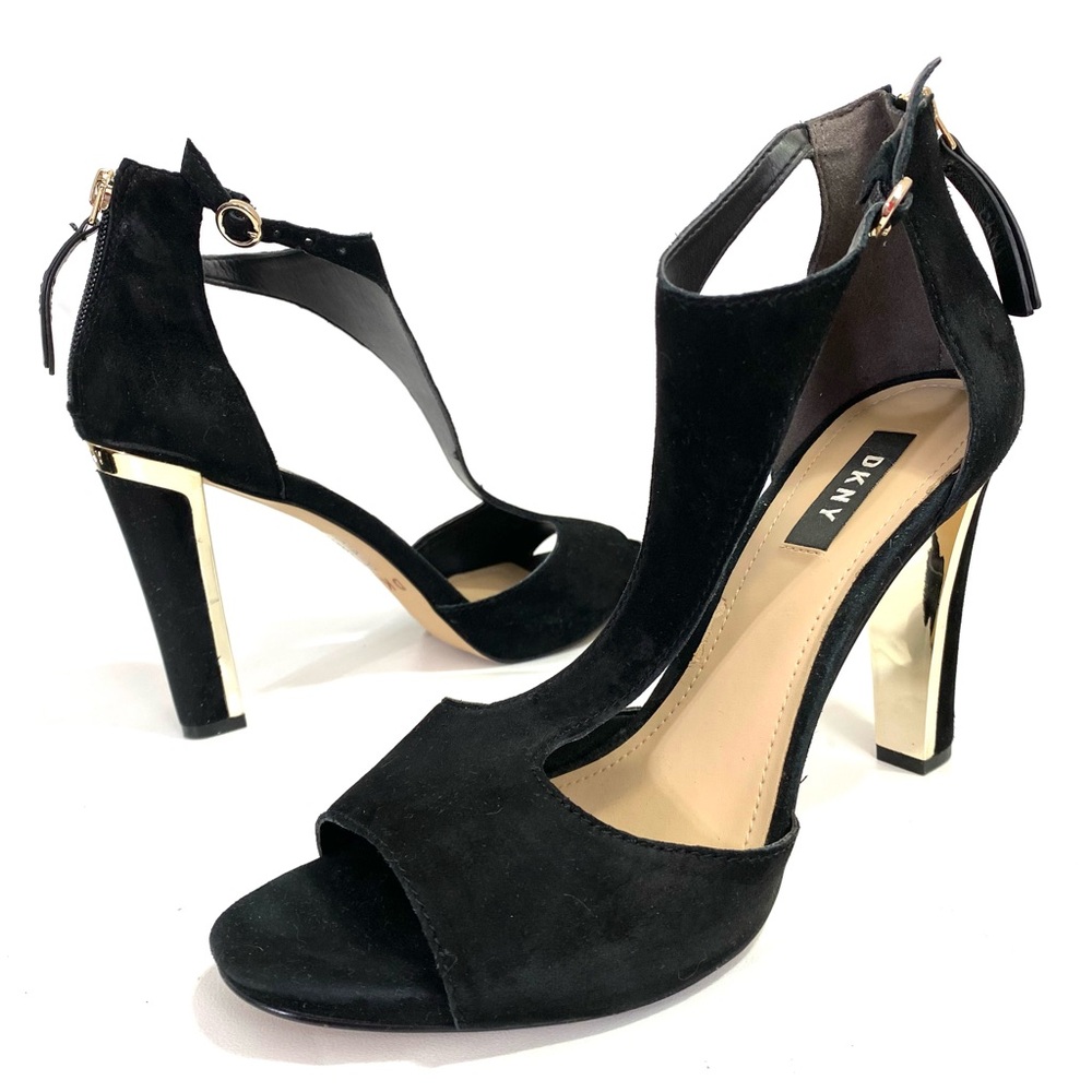 DKNY Donna Karan Black Suede Ankle Strap Peep Toe Heeled Sandals 9.5 M Back Zip